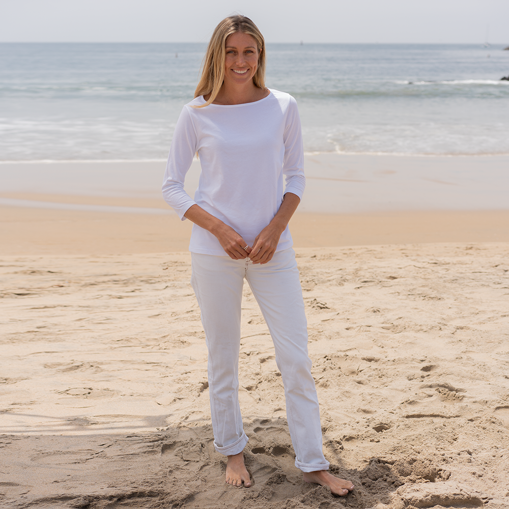 #color_white organic cotton 3/4 Sleeve Boat Neck t-shirt Full-view