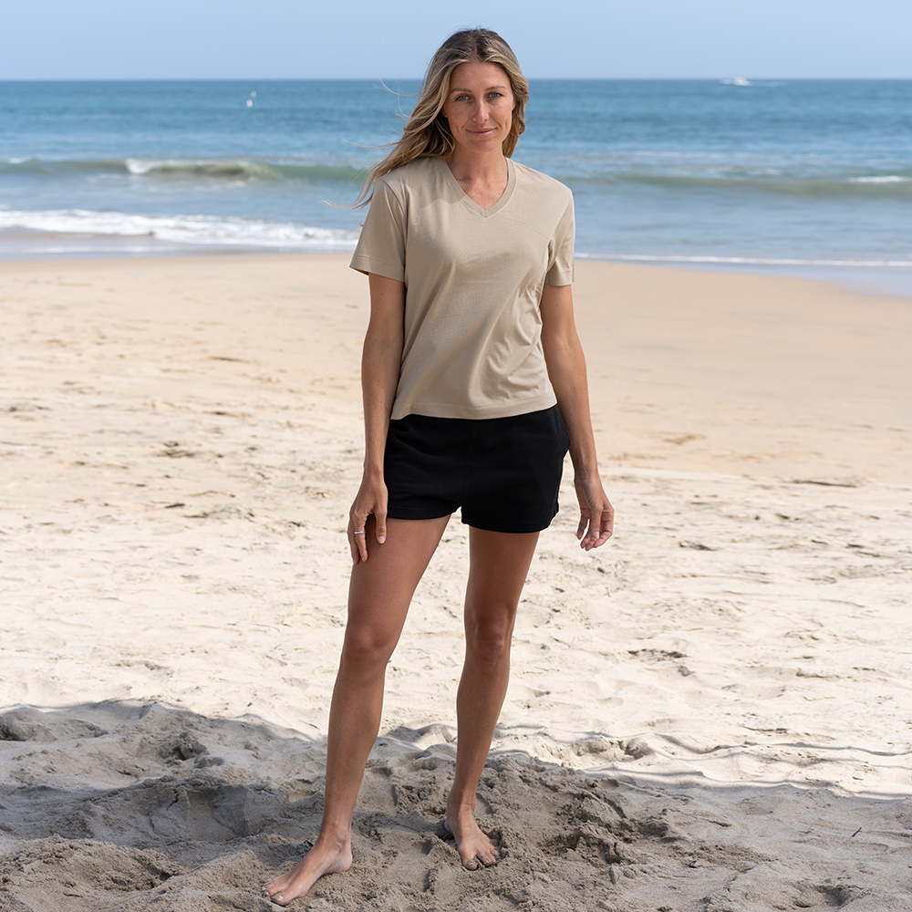 #color_sand Short Box Tee V Neck full view