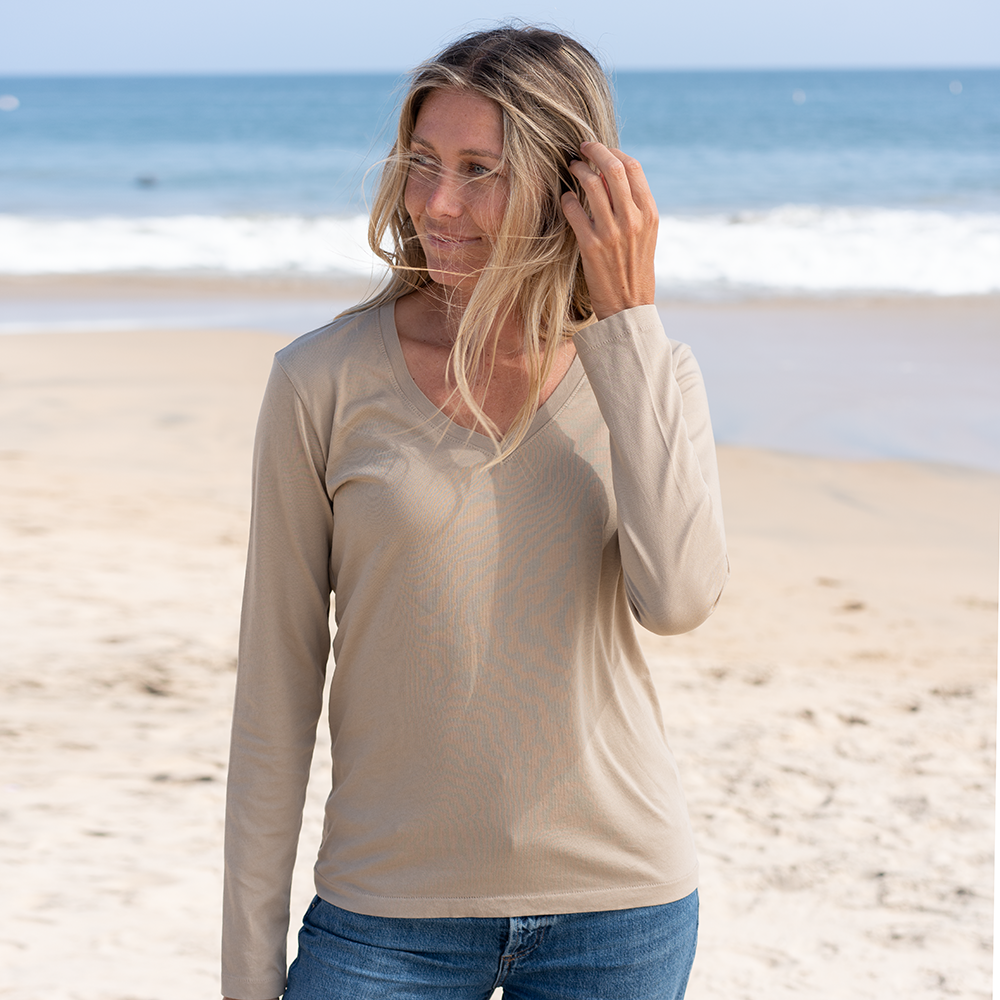 #color_sand Women Long Sleeve V Neck -Front
