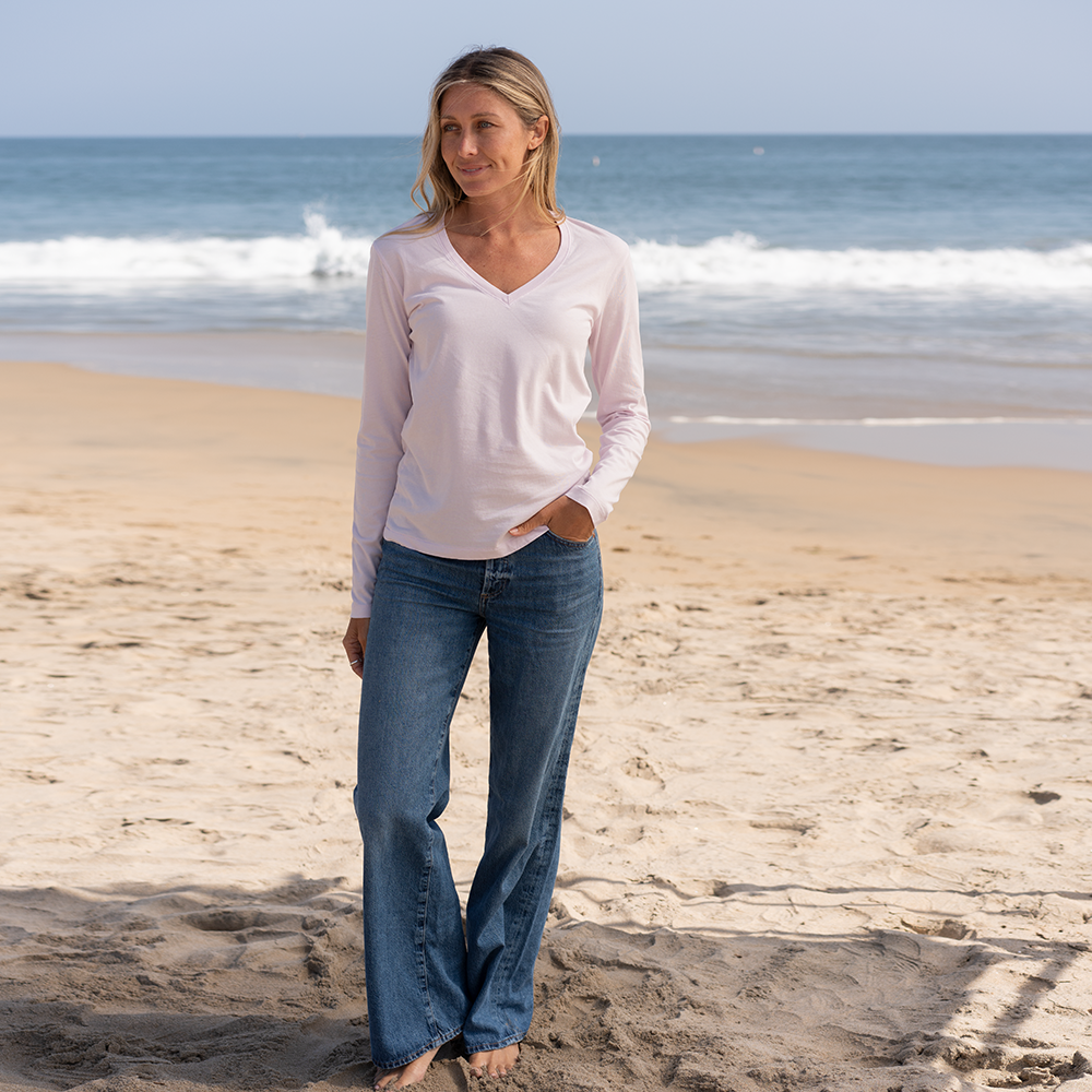 #color_light-pink Womens Long Sleeve V Neck Full-view