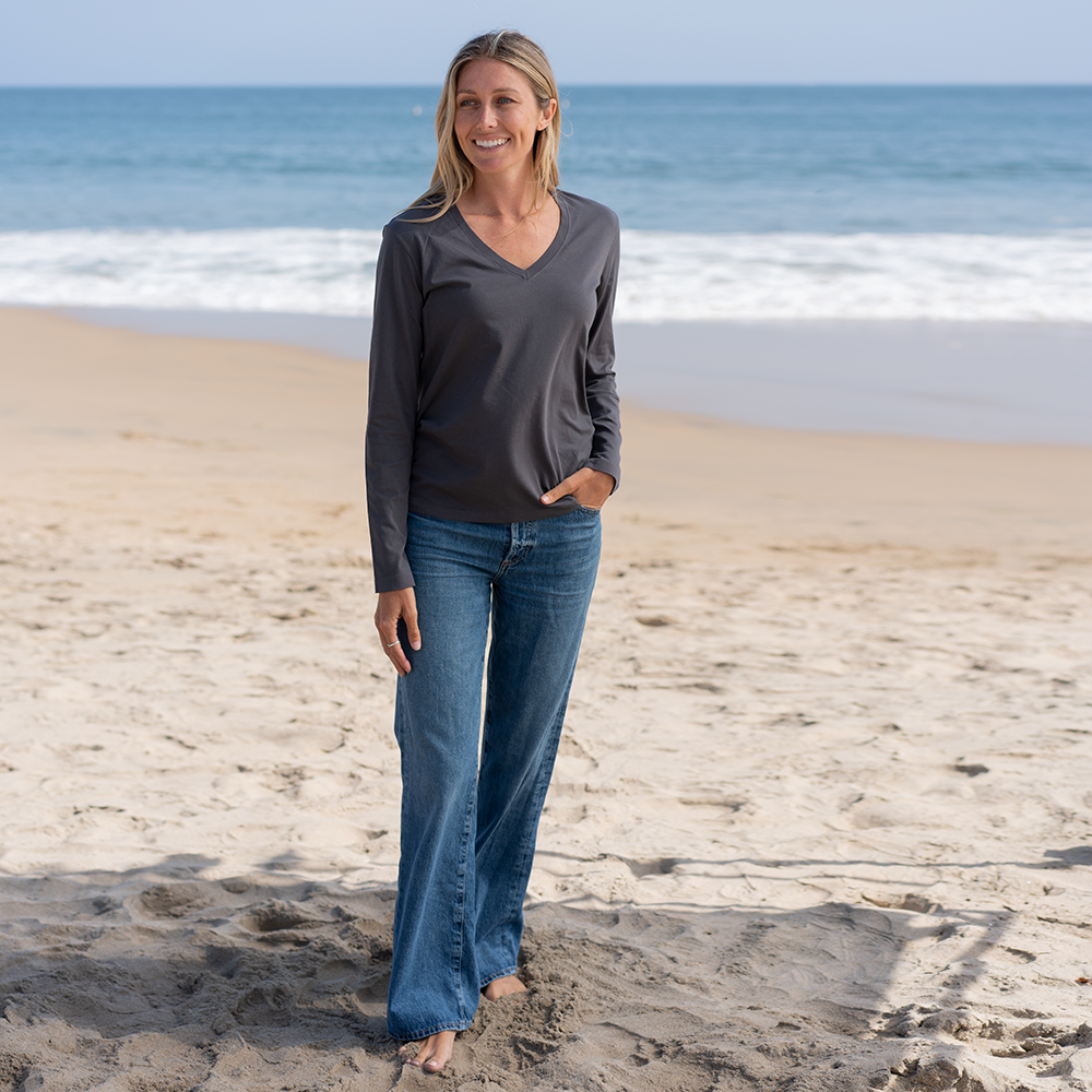 #color_dark-grey Womens Long Sleeve V Neck Full-view