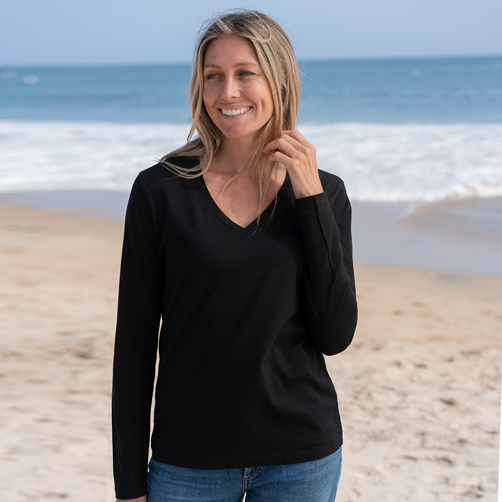 #color_black Womens Long Sleeve V Neck
